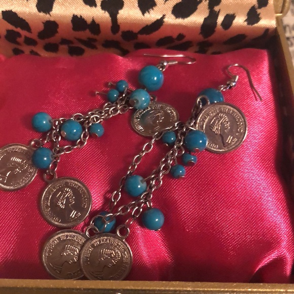 Pretty Faux Turquoise Coin Dangle Earrings - Picture 6 of 9